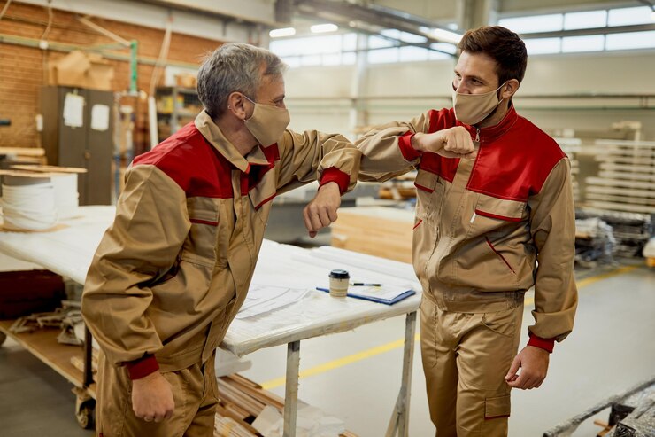 Happy Workers With Face Masks Greeting With Elbows Carpentry Workshop 637285 11799