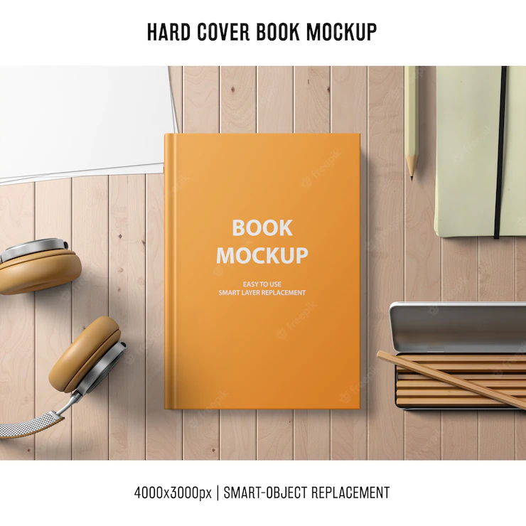 Hard Cover Book Mockup With Headphones Pencils 1318 330