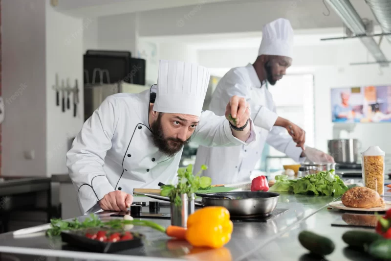 Head chef adding fresh chopped green herbs in pan while cooking gourmet dish in restaurant professional kitchen. food industry workers preparing delicious meal using organic vegetables. Free Photo