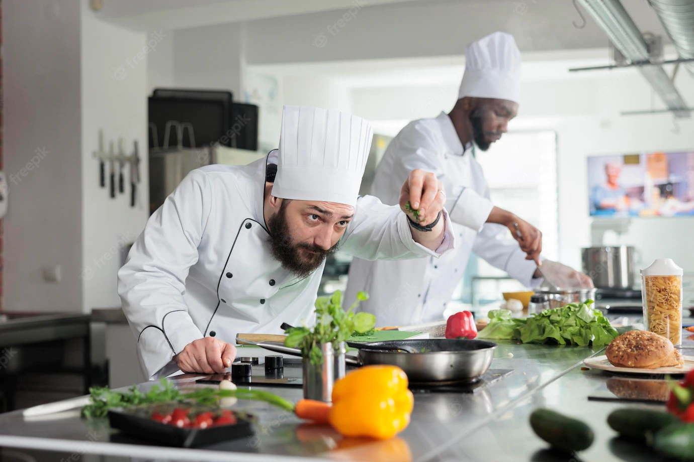 Head Chef Adding Fresh Chopped Green Herbs Pan While Cooking Gourmet Dish Restaurant Professional Kitchen Food Industry Workers Preparing Delicious Meal Using Organic Vegetables 482257 40135