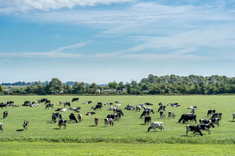 Herd of cattle grazing in a fresh meadow under a blue sky with clouds Free Photo