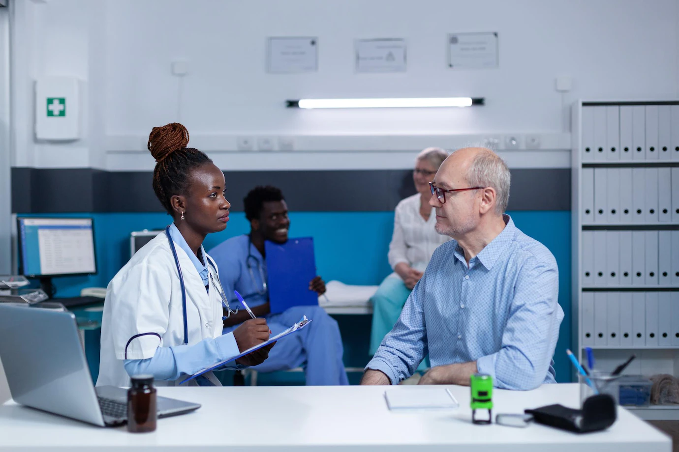 Hospital Medic Expert Writing Down Sick Senior Patient Illness Symptoms While Prescribing Antibiotic Medicine Clinic Specialist Analyzing Patient Condition Offering Treatment Disease 482257 42602