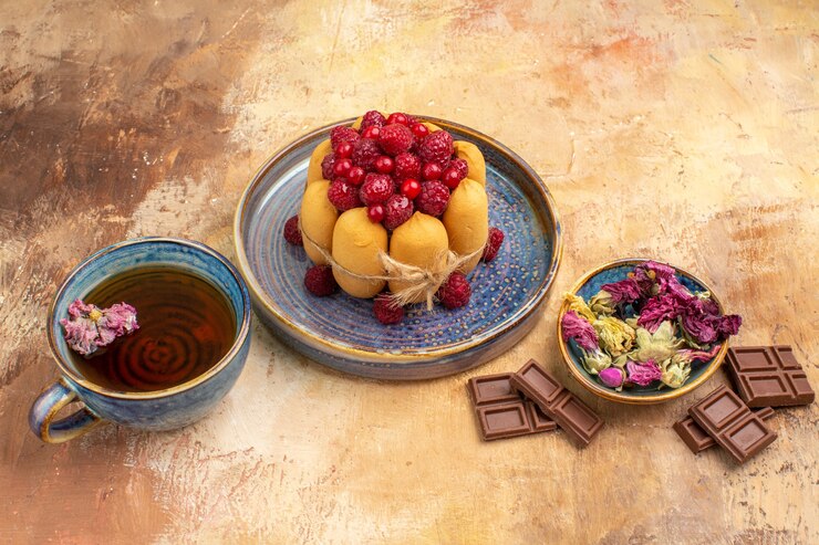 Hot Herbal Tea Soft Cake With Fruits Flowers Chocolate Bars Napkin Mixed Color Table 140725 86956