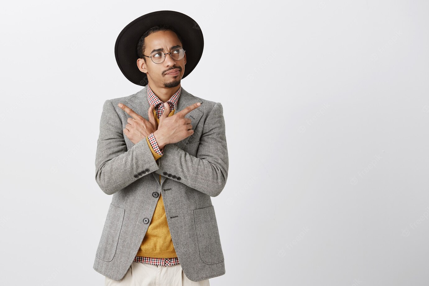 Indecisive African American Man Making Decision Looking Upper Right Corner Thoughtufl While Choosing Pointing Sideways 176420 25147