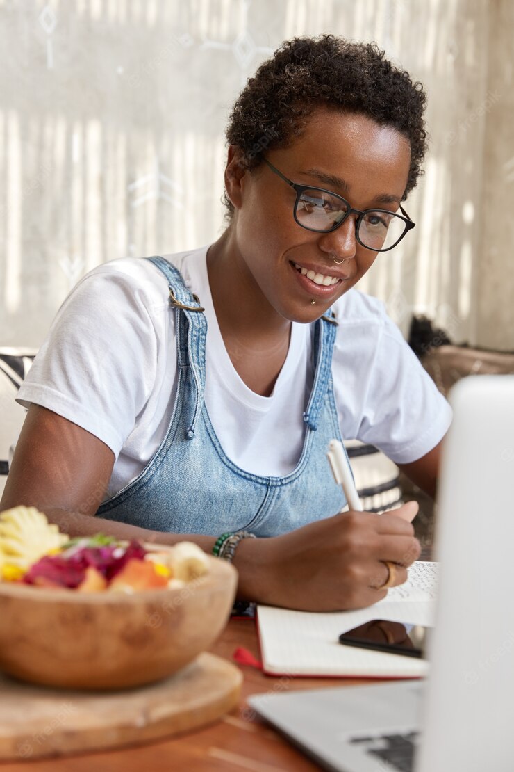 Indoor Vertical Shot Cheerful Black African American Young Girl Looks Positively Monitor 273609 44382