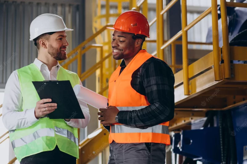 Inspector and African American worker in a factory Free Photo