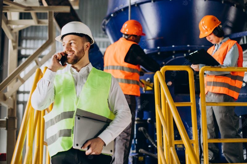 Inspector at a factory talking on the phone while others are working Free Photo