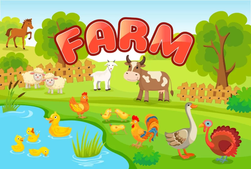 Landscape with farm animals Free Vector