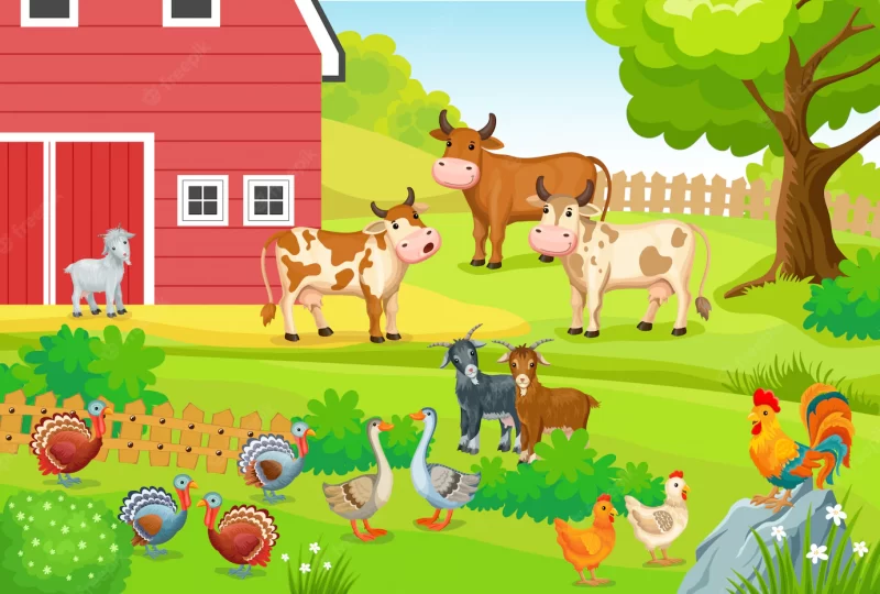 Landscape with farm animals. Free Vector