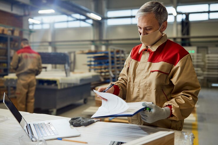 Male Carpenter Wearing Face Mask While Going Through Paperwork Workshop 637285 11701