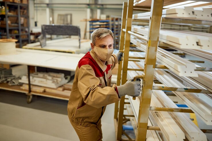 Male Worker With Face Mask Moving Rack With Processed Wood Carpentry Workshop 637285 11731