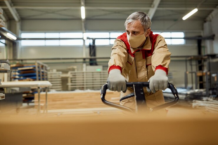 Male Worker With Face Mask Pulling Pallet Jack Carpentry Warehouse 637285 11761