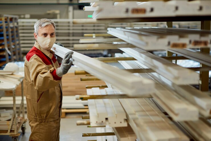 Male Worker With Face Mask Stacking Planks Rack Carpentry Workshop 637285 11719