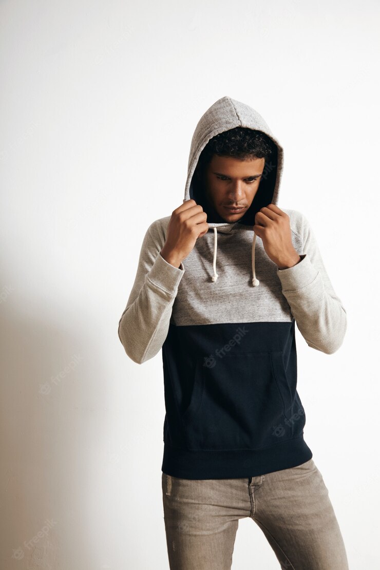 Man Blank Grey Black Hoodie Sweater Posing Front White Wall 346278 1056