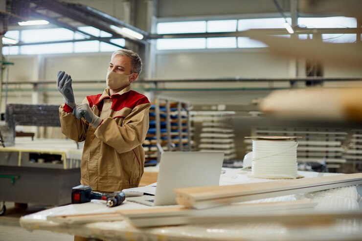 Manual Worker Putting Protective Gloves While Working Carpentry Workshop During Coronavirus Pandemic 637285 11711