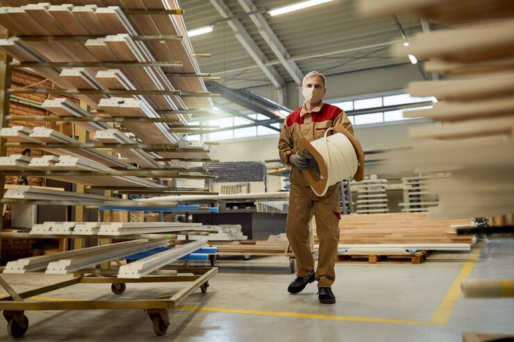 Manual Worker With Face Mask Carrying Protective Foam While Working Carpentry Warehouse 637285 11741