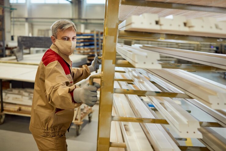 Manual Worker With Face Mask Moving Rack With Processed Wood Carpentry Workshop 637285 11729