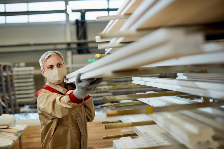 Manual Worker With Face Mask Stacking Wood Planks Shelf Carpentry Workshop 637285 11717