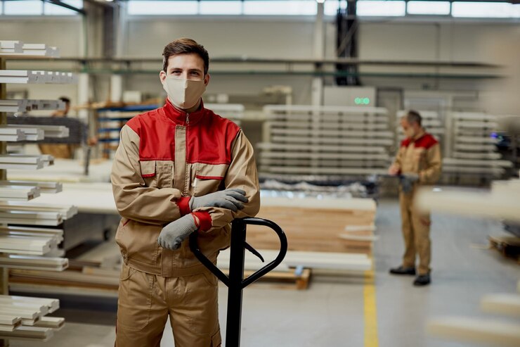 Manual Worker With Face Mask Working Carpentry Warehouse During Coronavirus Pandemic 637285 11777