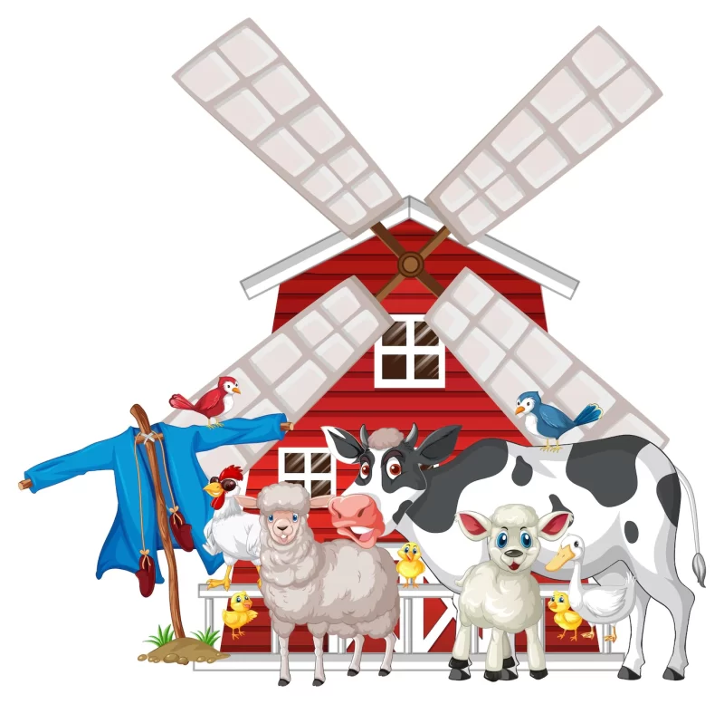 Many farm animals and barn Free Vector