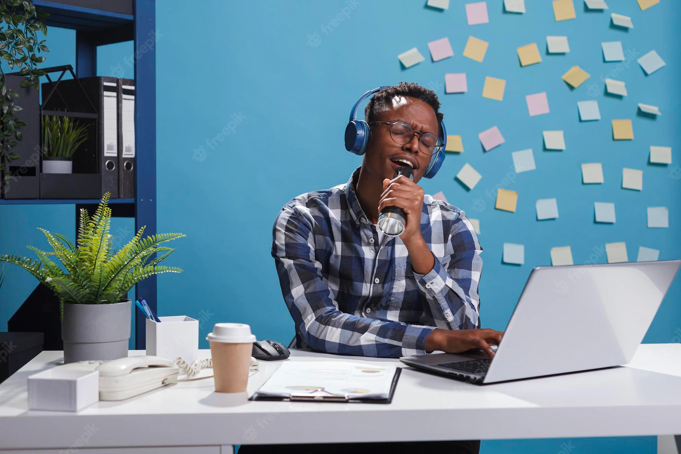 Marketing Company Office Cheerful Worker Wearing Modern Wireless Headphones While Listening Music Singing Happy Positive Business Man Sitting Desk Workspace While Enjoying Song 482257 40387