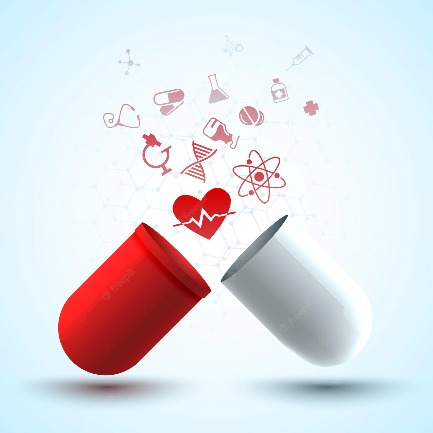 Medical Design Poster With Original Medicinal Capsule Consisting Red White Parts Different Medical Objects 1284 53615