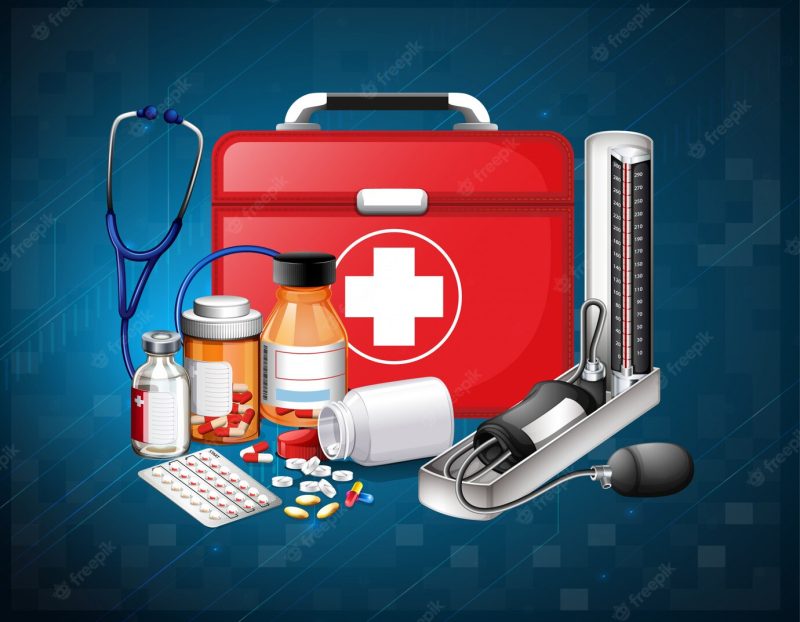 Medical equipment and medicine on blue background Free Vector