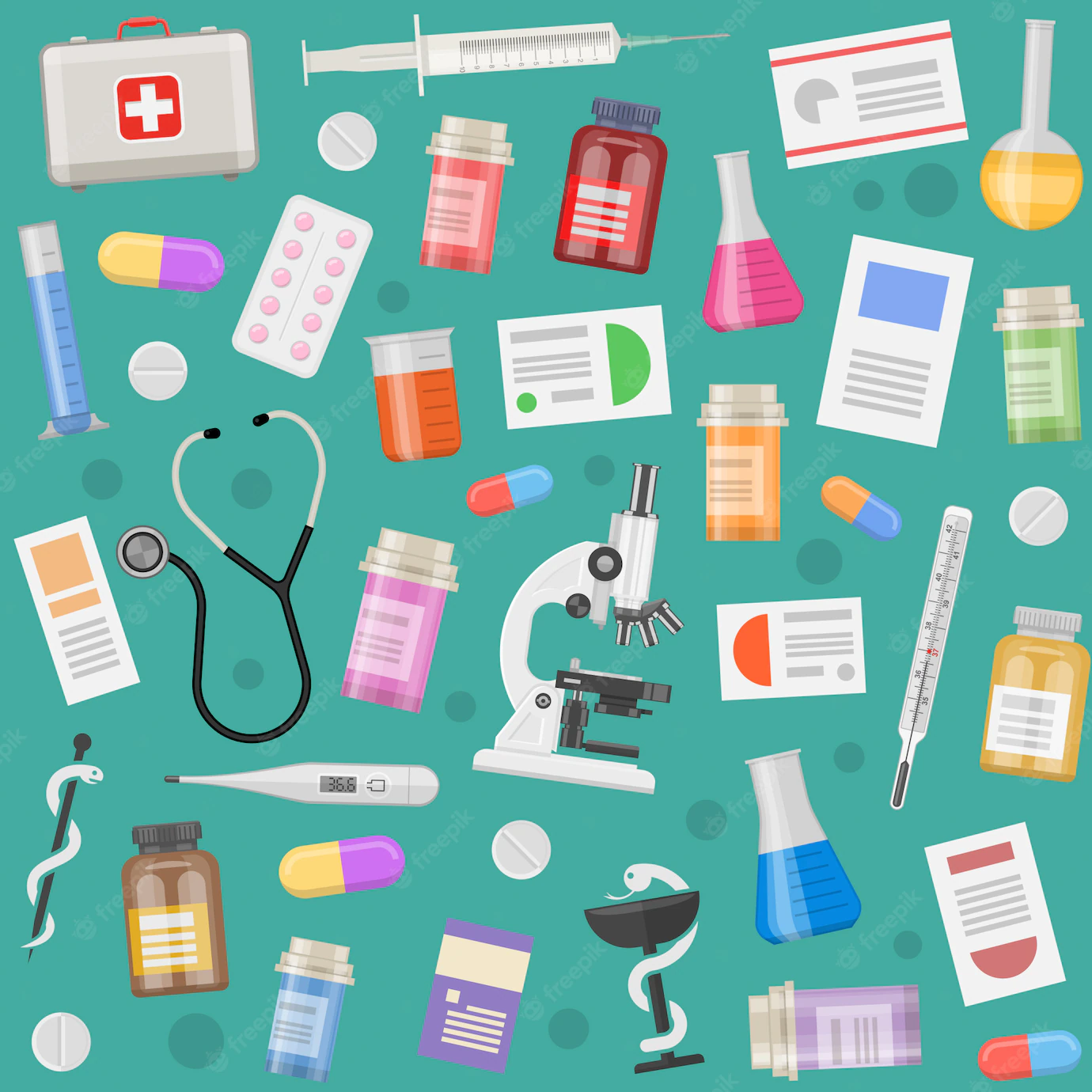 Medical Objects Pattern With Prescriptions Equipment Instruments Pills Capsules 1284 33579