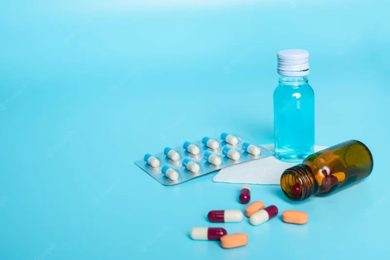 Of medicines, medical supplies placed on a blue . Free Photo Of medicines, medical supplies placed on a blue . Free Photo