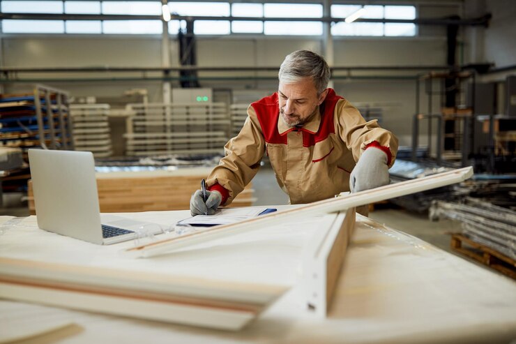 Mid Adult Worker Taking Notes While Checking Measurements Carpentry Workshop 637285 11695