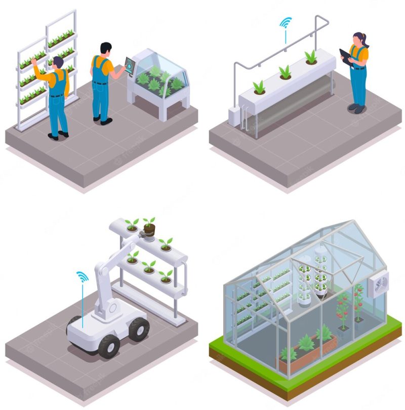 Modern greenhouse isometric icon set smart sprinklers for seedlings robot for working with plants and greenhouse with climate control illustration Free Vector Modern greenhouse isometric icon set smart sprinklers for seedlings robot for working with plants and greenhouse with climate control illustration Free Vector