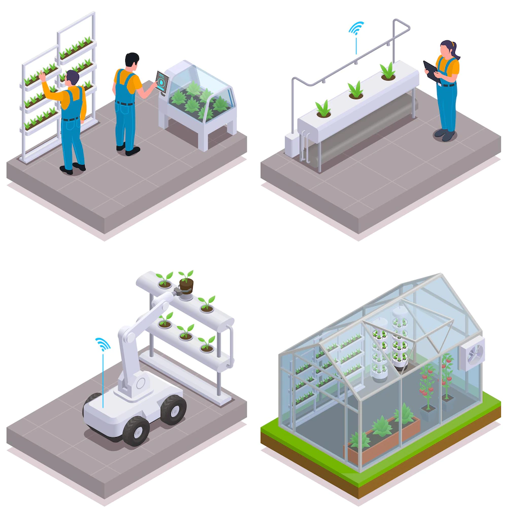 Modern Greenhouse Isometric Icon Set Smart Sprinklers Seedlings Robot Working With Plants Greenhouse With Climate Control Illustration 1284 64888