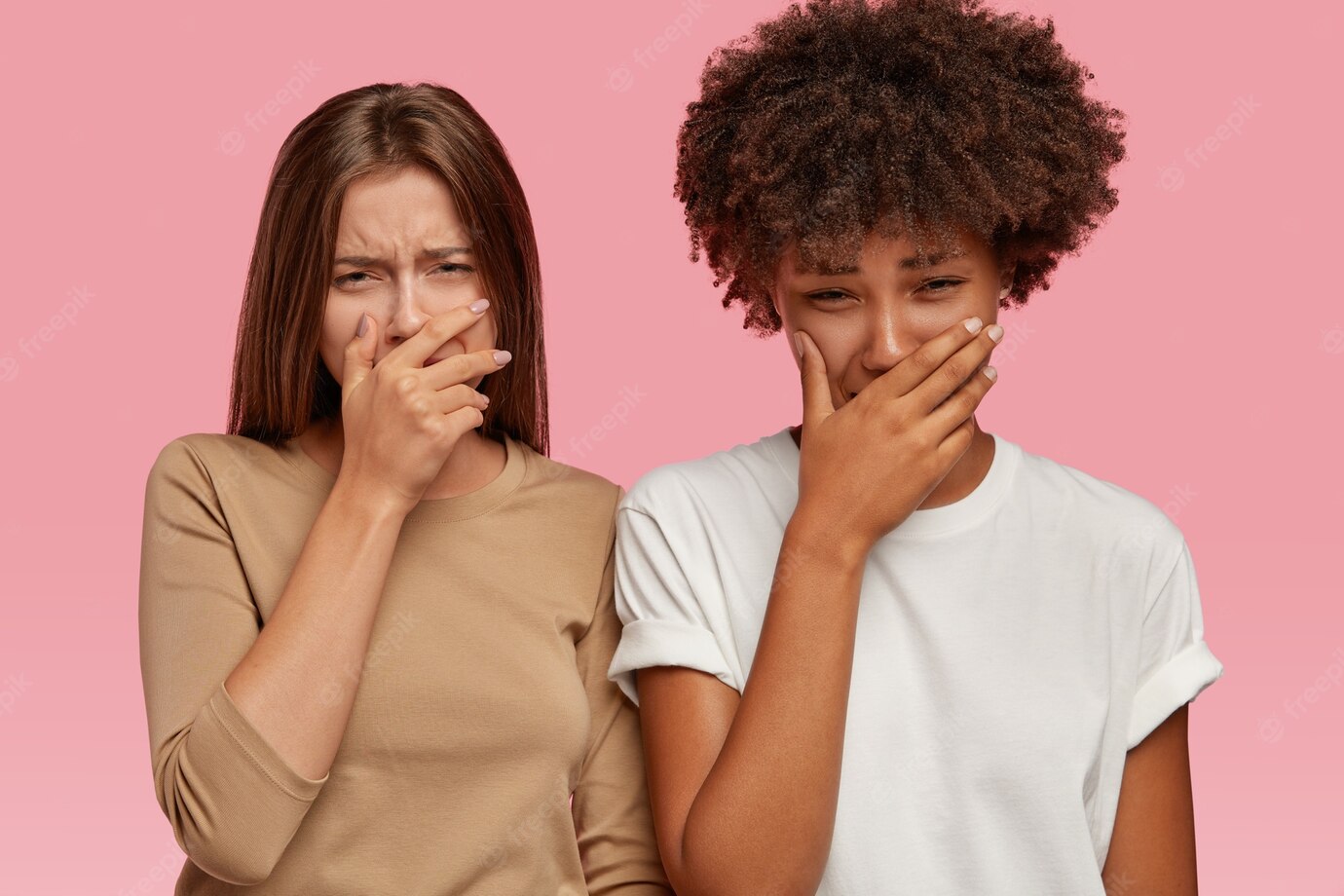 Mournful Young Females Have Grief Cry Look With Hopeless Expression Feel Depair Miserable Looks Model Against Pink Wall Have Tragic Event Loss Cant Stop Negative Feelings 273609 29518