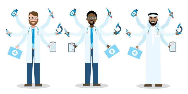 Multitasking six hands isolated doctors on white background workaholic talented and professional medical service Free Vector