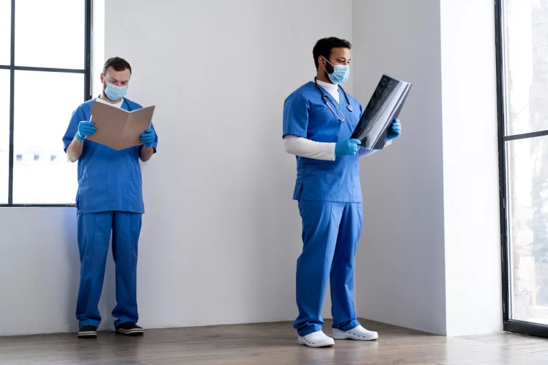 Nurse looking at radiography full shot Free Photo Nurse looking at radiography full shot Free Photo