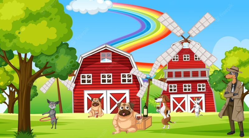 Outdoor farm scene with cartoon dogs Free Vector