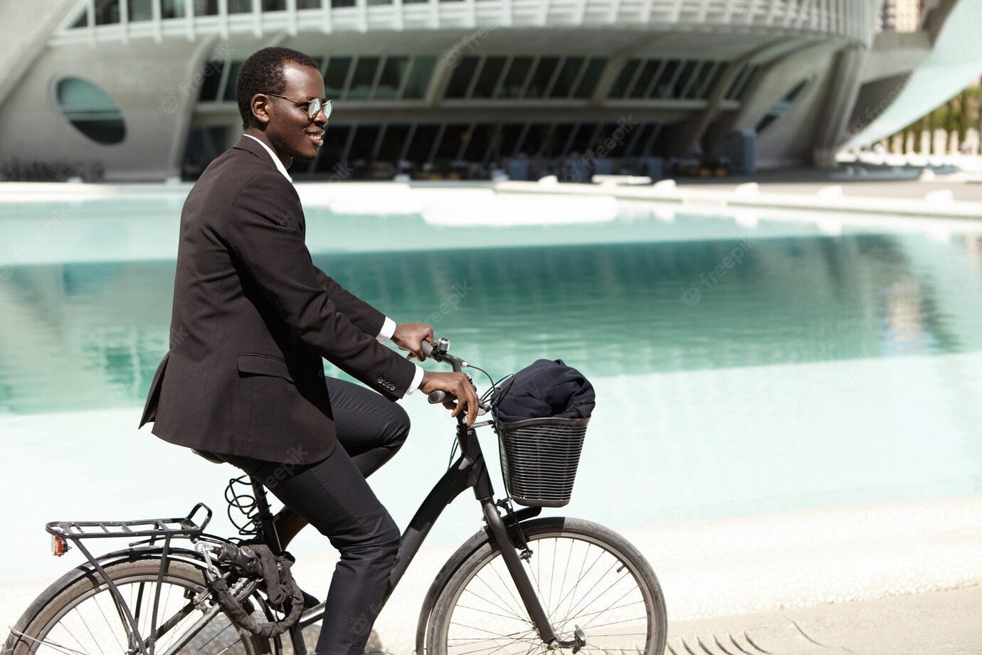 Outdoor Summer Portrait Handsome Young Black European Office Worker Sunglasses Cycling His Bike Work Urban Surroundings Having Fun Feeling Carefree Relaxed Expression 273609 1185