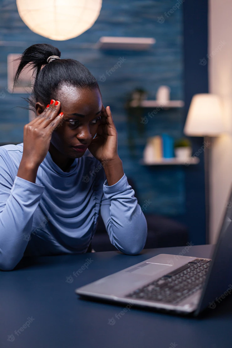 Overworked African Business Woman Having Headache While Working Late Night From Home Office Tired Focused Employee Using Modern Technology Network Wireless Doing Overtime 482257 9192