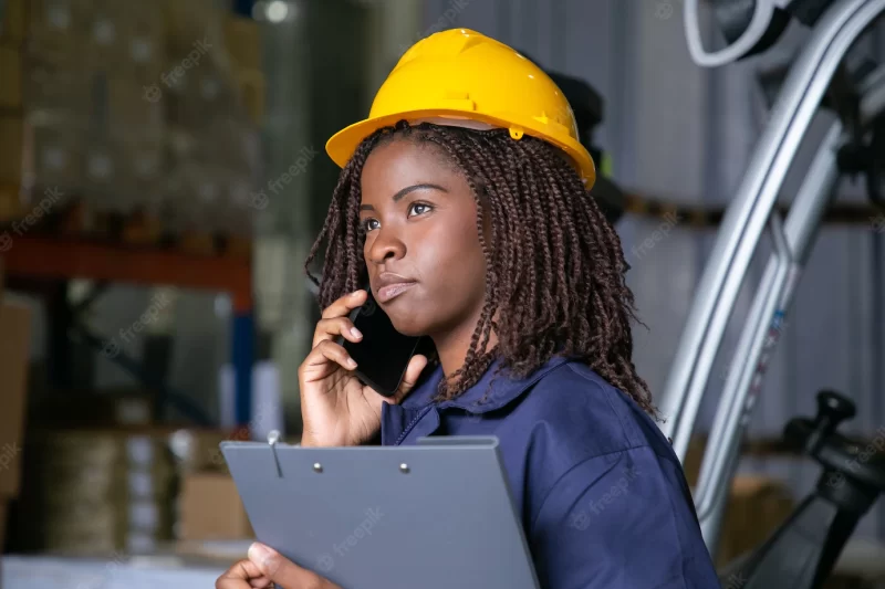 Pensive black female engineer in hardhat standing in warehouse and talking on cellphone. shelves with goods in background. copy space. labor or communication concept Free Photo