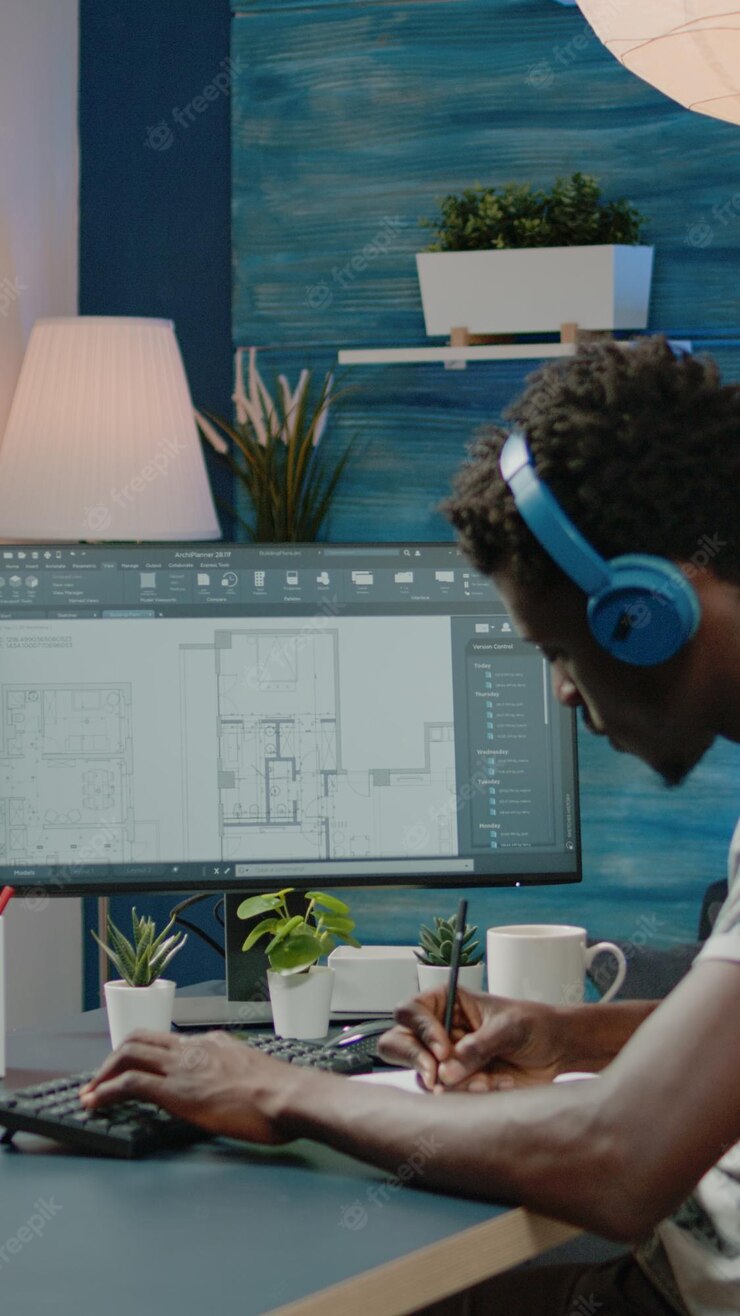 Person Working With Sketch Blueprint Plan Computer Create Floor Layout Building Construction Architect Wearing Headphones Designing Model Urban Development 482257 34091