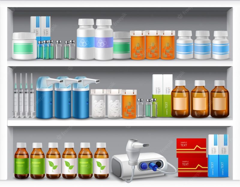 Pharmacy shelves realistic Free Vector