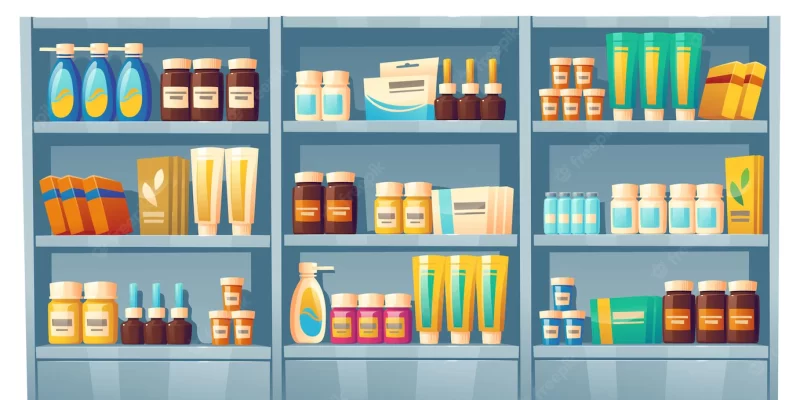 Pharmacy shelves with medicines drugstore showcase with pills vitamins bottles Free Vector