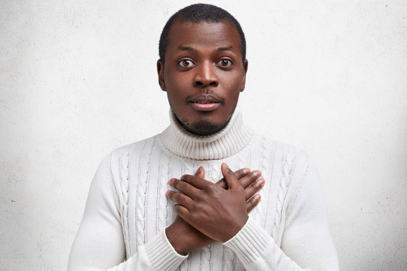 Photo Handsome Young Dark Skinned Male Holds Hands Chest As Expresses Gratitude Being Pleased With Heart Piercing Story 273609 3550