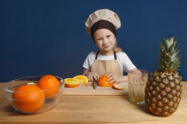 Picture Cute Blonde 7 Year Old Boy Chef Uniform Standing Wooden Kitchen Table 343059 166