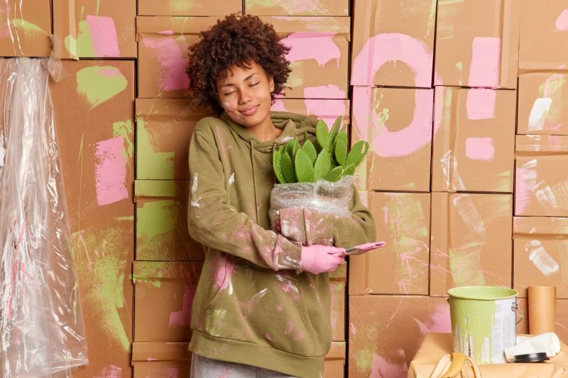 Pleased young african american woman enjoys renovation time at home smeared with paints holds brush potted cactus relocates in new apartment Free Photo