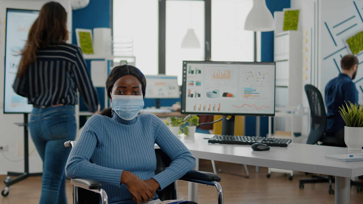 Portrait African Woman With Protection Face Mask Looking Camera Sitting Wheelchair While Te 482257 2611