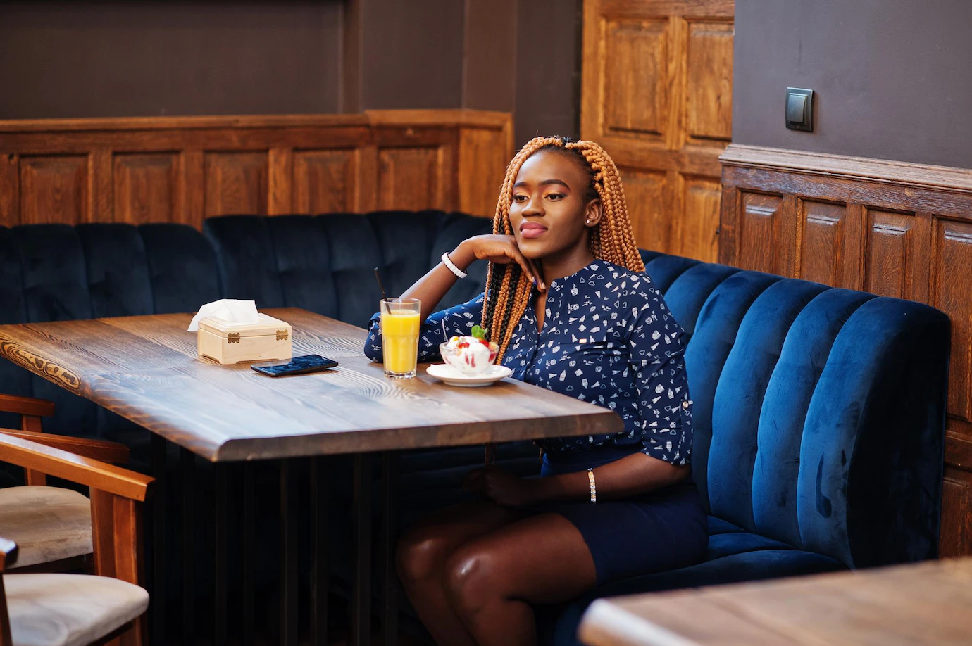 Portrait Beautiful Young African Business Woman With Dreadlocks Wear Blue Blouse Skirt Sitting Cafe With Ice Cream Pineapple Juice 627829 778