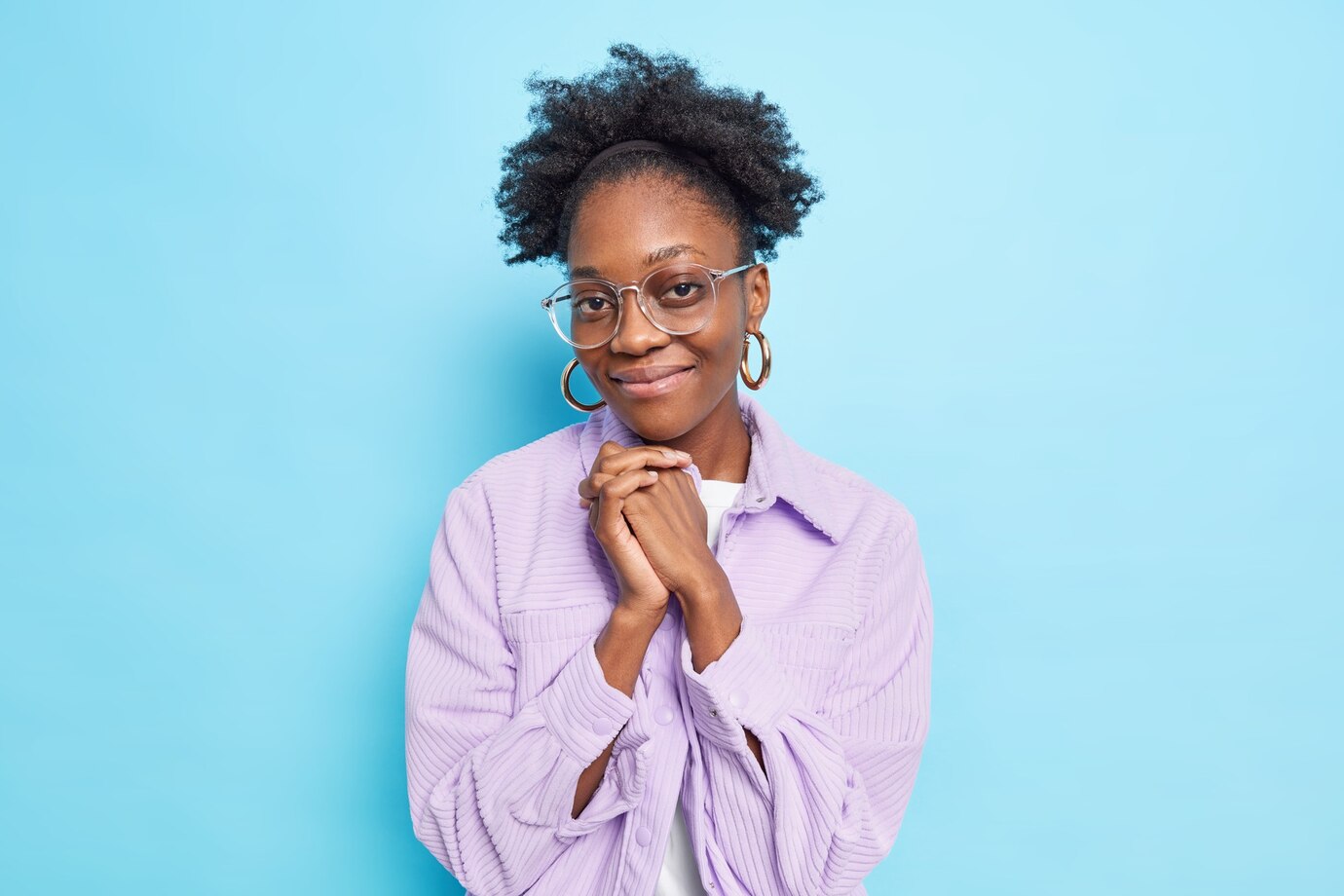 Portrait Good Looking Dark Skinned Millennial Girl Keeps Hands Pressed Together Has Satisfied Expression 273609 51914