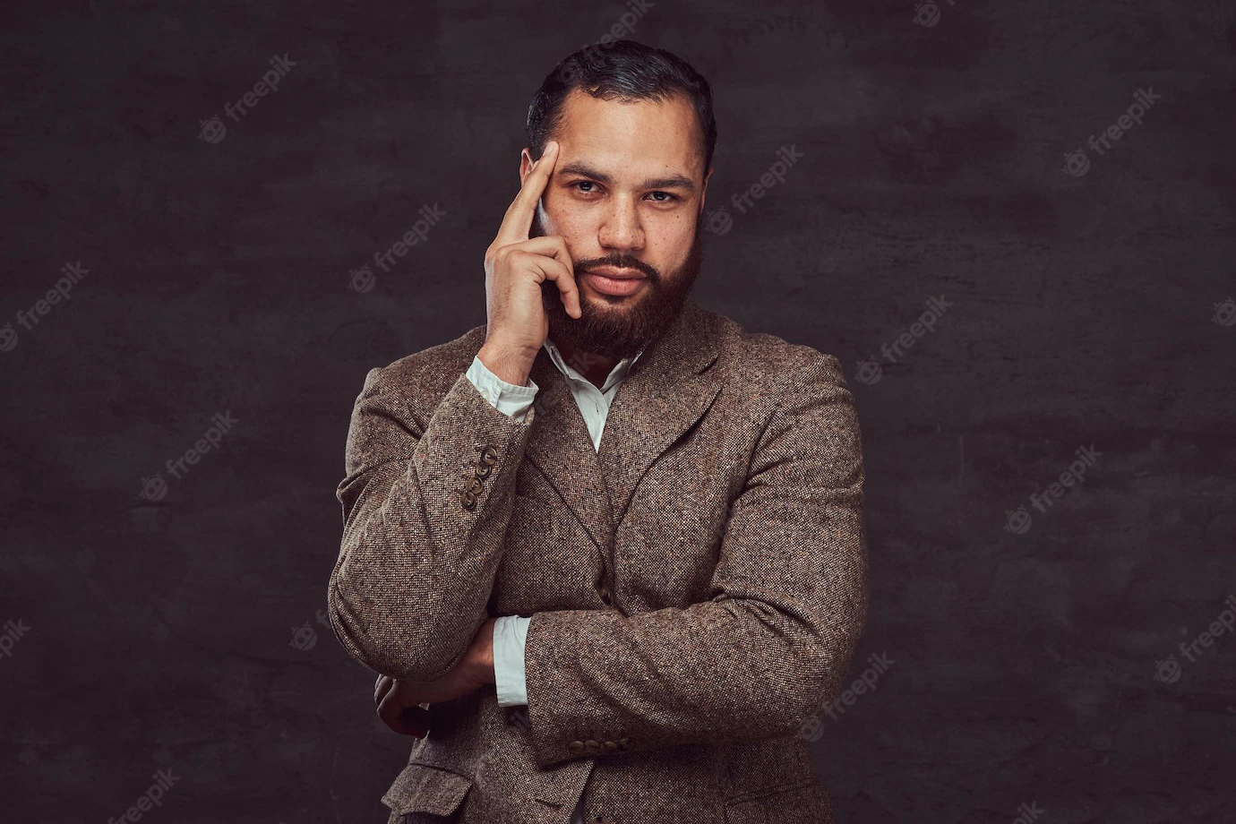 Portrait Pensive African American Man Dressed Classic Brown Jacket Standing Studio Dark Background 613910 6565