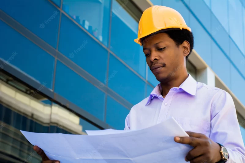 Portrait of professional architect in helmet looking at blue prints outside modern building. engineer and architect concept. Free Photo